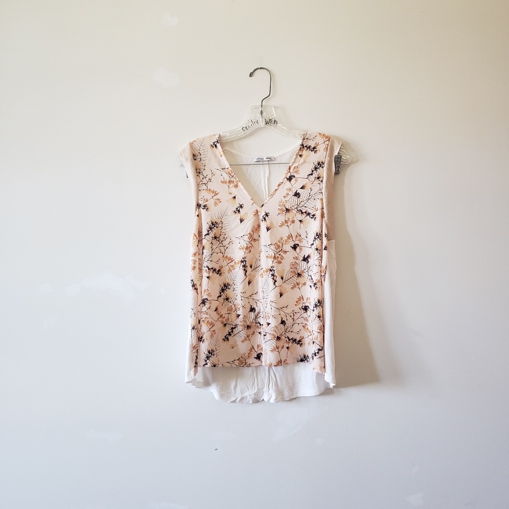 Zara Tan Cream Floral Mixed Media Tank S